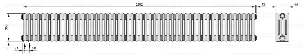 Схема (чертеж) Радиатор Zehnder Charleston 4030/52 №3370 Белый глянцевый RAL 9016